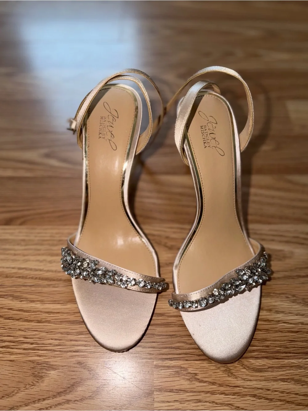 Badgley Mischka Champagne Crystal-Embellished Ankle-Strap Heels